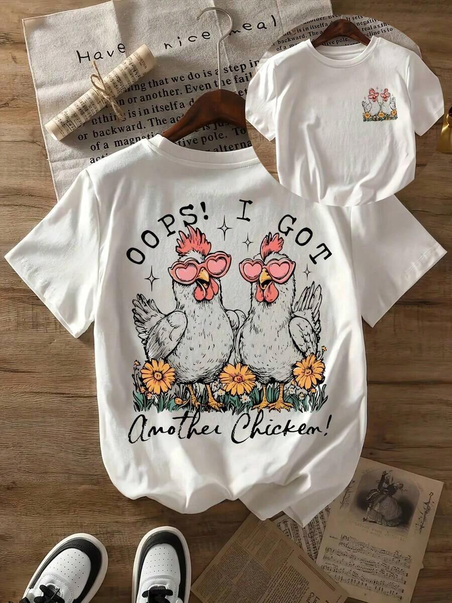 Tops básicos de verano mexicanos para mujer, camisetas casuales de manga corta para el verano | Estampado de doble cara con letras y pollo, cuello redondo, top de primavera/verano, tela ligeramente elástica, estilo pullover. Ropa de Verano Holgada y Cómoda - Nuevo Lanzamiento - Blanco - Ver 1