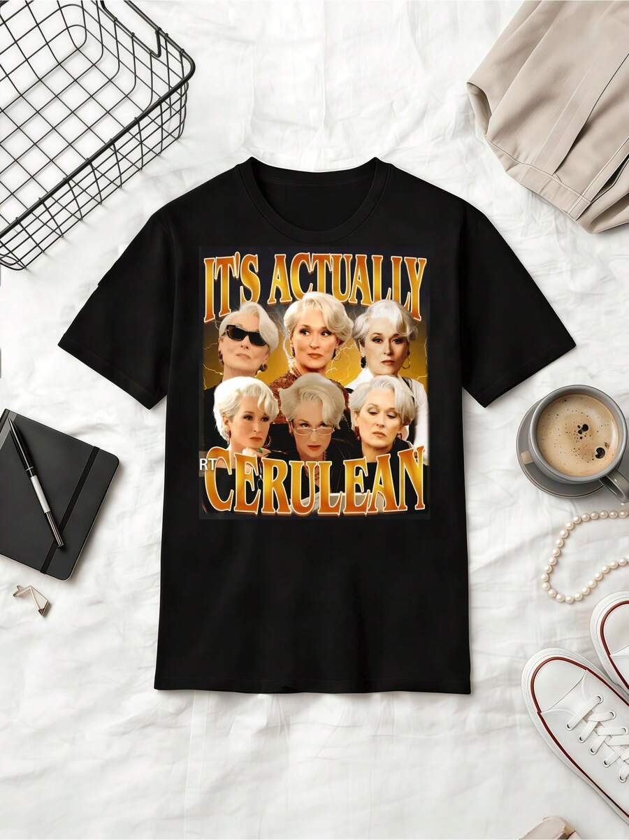 It's Actually Cerulean Meryl Streep As Miranda Priestly Retro 90s Style Vintage Rap Tee Shirt - Black - View 1