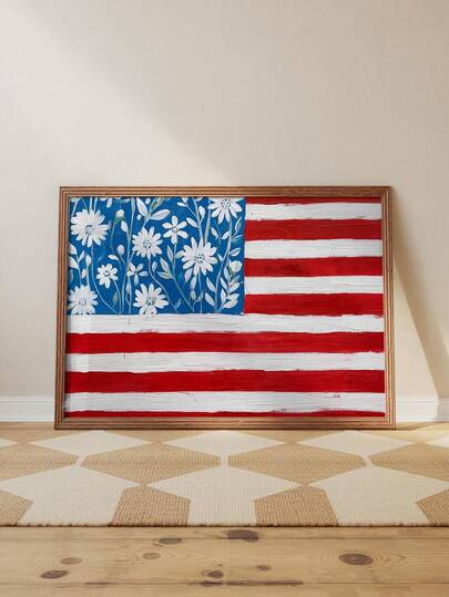 1pc, Canvas Wall Art, Framed Wall Decor, Floral American Flag Canvas Art, Bohemian Country-Style American Flag With White Daisies, Frameless Decorative Poster With An Oil Painting Texture, Perfect For July 4th Independence Day, Patriotic Home Decor, Living Rooms, Bedrooms, And Rustic Decor, Patriotic Posters, American Independence Day Decor, Home Decor, Room Decor, Holiday Gifts, Holiday Decor