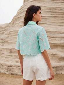 Blusa elegante con bordado de margaritas al azar y calado - Agua verde azul - Ver 3