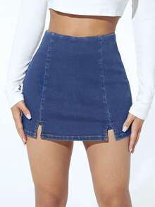 Falda pantalón informal de mezclilla con corte alto y dobladillo con doble abertura para mujer - Azul lavado oscuro - Ver 6