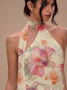 Vestido mini halter casual y sexy con estampado floral tie-dye marrón, estilo corto plisado adecuado para vacaciones y fiestas de primavera/verano - Multicolor 4 - Ver 7