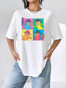 Colorful Graphic With A Cartoon Character In A Secret Agent Style Showing Different Funny Expressions And A Background Divided Into Vibrant Tones That Convey Energy And Humor. Casual And Comfortable Women's T-Shirt For Everyday Wear - 白色 - 查看 6
