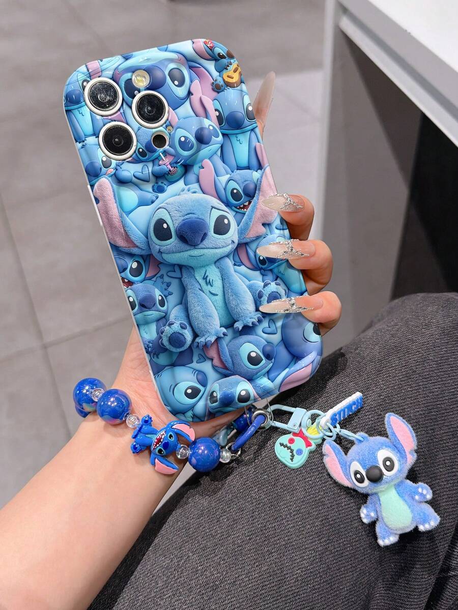 Disney Has Authorized, Phone Case - Chain Set, The Stitch Lilo & Stitch 3D Phone Case Plus A Silicone 3D Stitch Bracelet With Metallic Ring Removable Bracelet, Stitch And Angel Pattern, Compatible With Iphone17/16/15/14/13/12/11/XS/XR/X Plus Pro Max, A Stylish Cartoon Phone Case, The Perfect Gift Choice, Phone Protection, Durable Phone Cover, Great Gift For Friends And Family. - 白色 - 查看 1