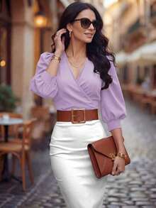 Blusa corta de mujer con cuello en V, manga de pétalo con lunares, cintura ceñida, nueva para primavera/verano - Púrpura malva - Ver 5