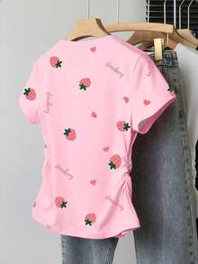 Camiseta ajustada de manga con volantes en degradado con estampado de corazón de fresa y letras, para uso casual, vacaciones y viajes, verano - Rosa 3 - Ver 2