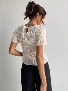 Blusa de mujer elegante de chifón y encaje con parches en color albaricoque - Albaricoque - Ver 2