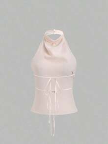 de unicolor con cuello halter, versátil para uso diario - Albaricoque - Ver 2