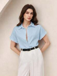 Nueva llegada Camisa casual de manga corta con botones delanteros de unicolor, adecuada para uso diario, primavera/verano - Azul - Ver 2