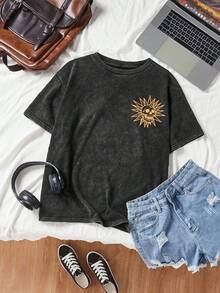 Camiseta de manga corta con cuello redondo y estampado de calaveras, estilo retro casual, ideal para uso diario y lavado regular - Negro - Ver 2