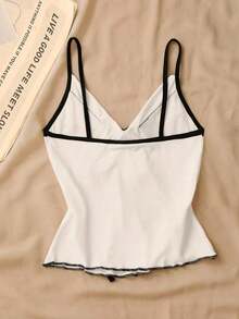 Top de tirantes con lazo y ribete de lechuga en contraste, elegante y ajustado, top para salir para mujeres, apto para el estilo del milenio - Blanco - Ver 2