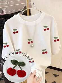 Camiseta de mujer de moda casual con cuello redondo y hombros caídos, camiseta con bordado de cereza, camiseta con bordado de toalla de cereza, camiseta casual y cómoda para exteriores, camiseta para todas las estaciones, camiseta con estampado de frutas - Blanco 3 - Ver 1