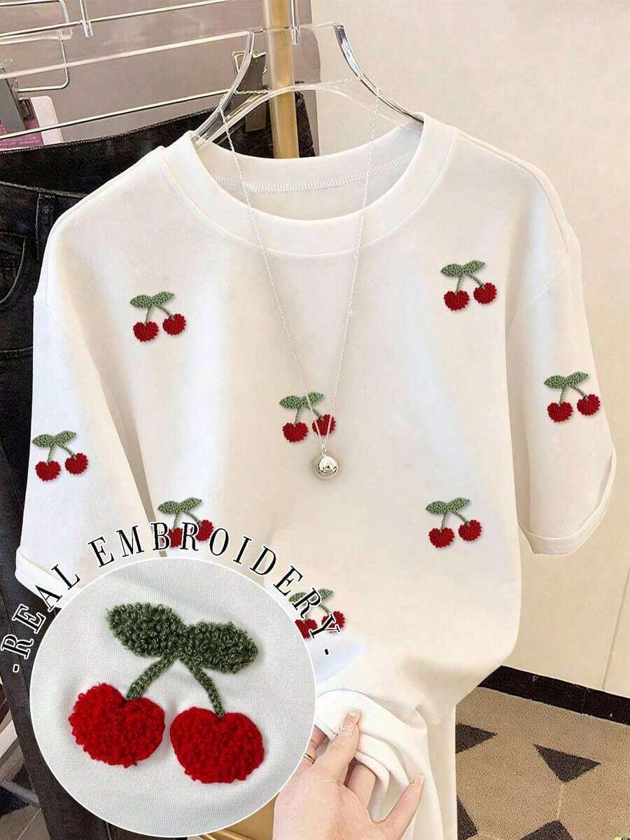 Camiseta de mujer de moda casual con cuello redondo y hombros caídos, camiseta con bordado de cereza, camiseta con bordado de toalla de cereza, camiseta casual y cómoda para exteriores, camiseta para todas las estaciones, camiseta con estampado de frutas - Blanco 3 - Ver 1