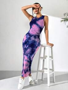 Vestido largo ajustado de mujer de verano con estampado de teñido anudado - Multicolor - Ver 6