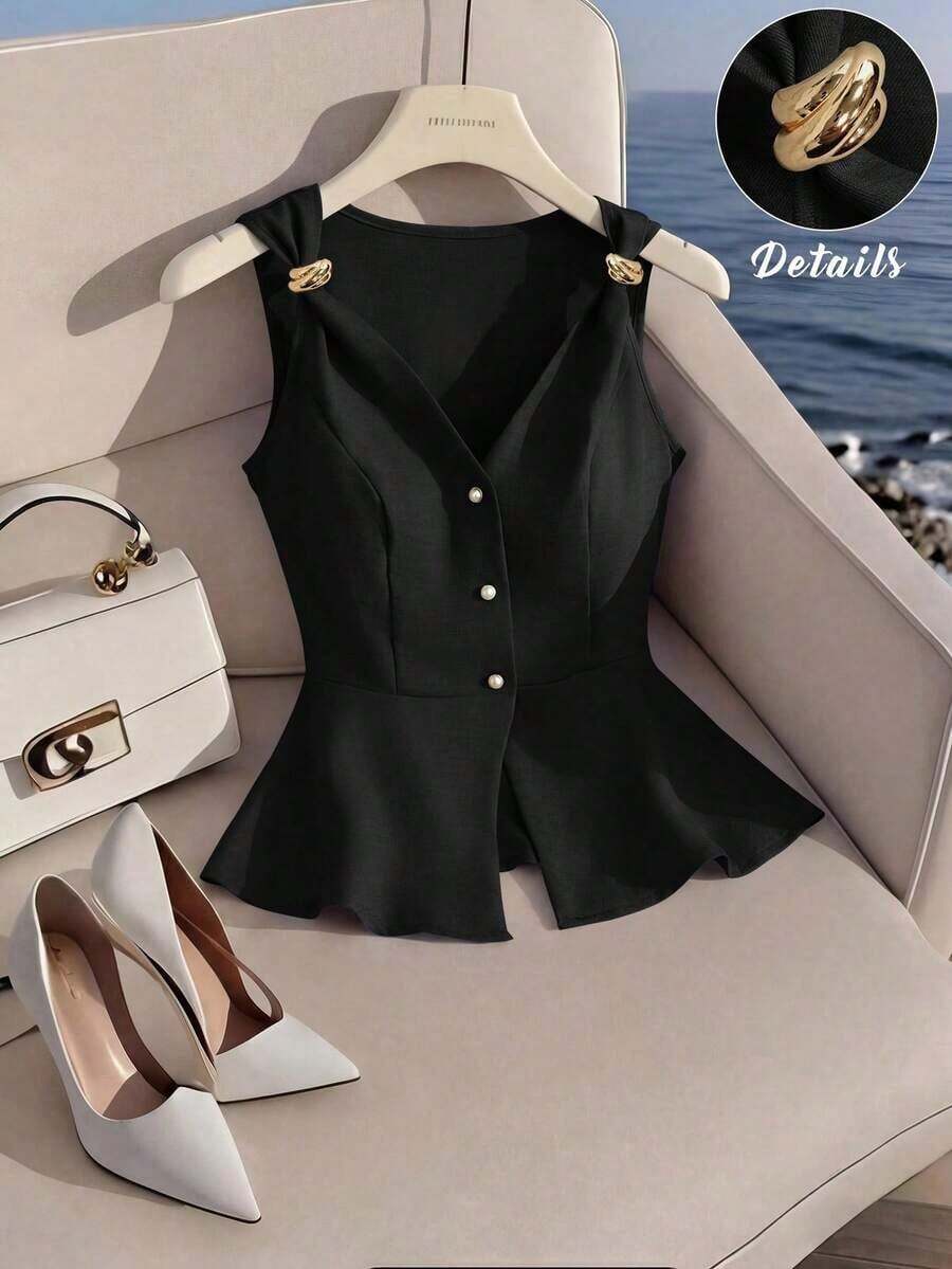 camiseta de tirantes sin mangas con cuello en V y diseño de hebilla metálica minimalista y elegante que estiliza la cintura, para mujer, de verano - Negro - Ver 1