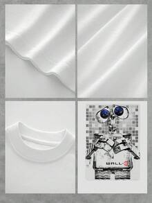 Ilustración de un simpático robot metálico con ojos que reflejan el universo simbolizando curiosidad y esperanza futurista sobre un fondo de cuadros modernos camiseta de mujer  casual cómoda para uso diario - Blanco - Ver 4