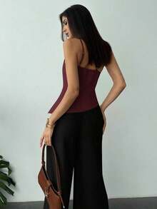 Nueva llegada Primavera/Verano Elegante Top casual de lino color albaricoque con cintura fruncida, bajo asimétrico y espalda descubierta - Burdeos - Ver 2