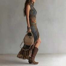 Vestido largo asimétrico con estampado retro, corte ajustado y abertura alta - Verde Oscuro - Ver 3