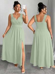Elenzya Vestido línea A con cuello en V, contraste de encaje, tirantes finos y abertura para tallas grandes - verde menta - Ver 1