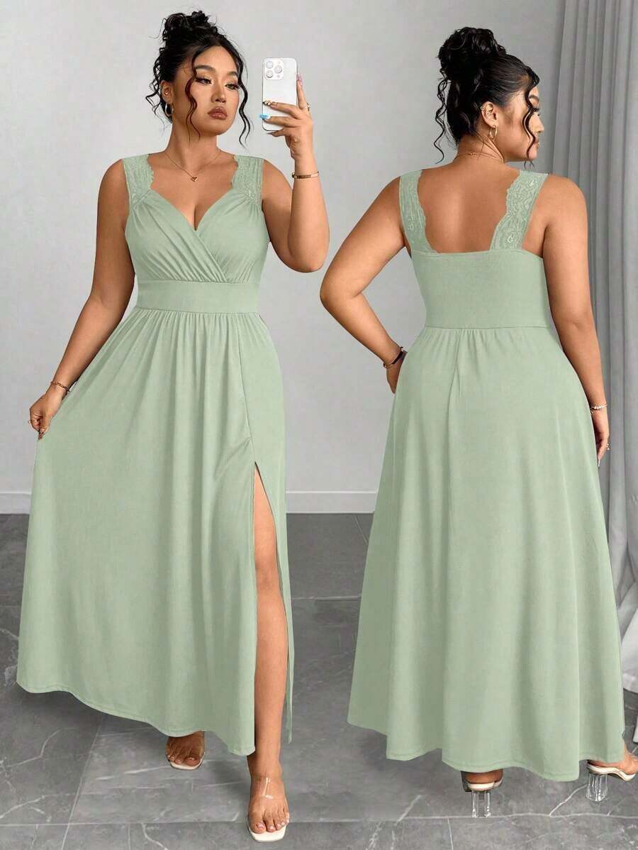 Elenzya Vestido línea A con cuello en V, contraste de encaje, tirantes finos y abertura para tallas grandes - verde menta - Ver 1