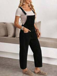 Women's Black Denim Overalls With Straps, Cargo Pockets, Long Length, Elegant & Vintage Style Jumpsuit For Fall - Black - View 2