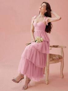 Vestido de mujer elegante de unicolor con tirantes de malla - Rosa - Ver 4