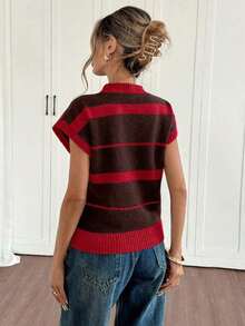 Top de punto a rayas de colores contrastantes para mujer - Rojo - Ver 2
