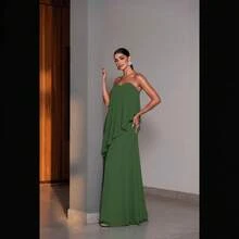 Long Strapless Wedding Dress For A Daytime Wedding, Elegant For A Guest, Bridesmaid. - 橄欖綠 - 查看 2