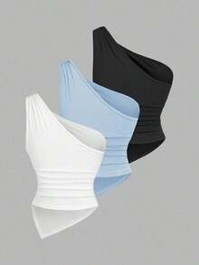 Blusa de unicolor minimalista con cuello asimétrico y hebilla de metal para mujer - Multicolor 3 - Ver 2