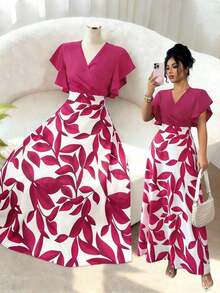 ajustado y acampanado con volantes y mangas de capa, con estampado de hojas de color rojo burdeos, para primavera/verano - Rosa Fucsia - Ver 7