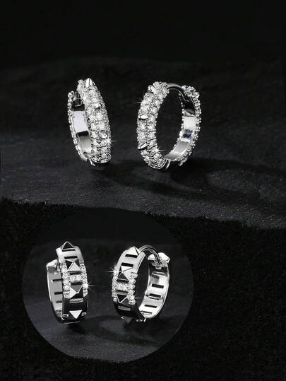 1 Pair/Set Luxury Full Unique Rivet Unisex Earrings, Punk Geometric Hollow Stereo Triangle Rivet Micro H-Shaped Personalized Design Earrings, Hypoallergenic, Suitable For Holiday Parties, Gifts, Fashion Jewelry And Daily Wear