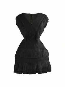 Jacquard V-Neck Fringed Textured A-Line Dress, Suitable For Party, Vacation, And Other Occasions Wedding - Ink - View 9