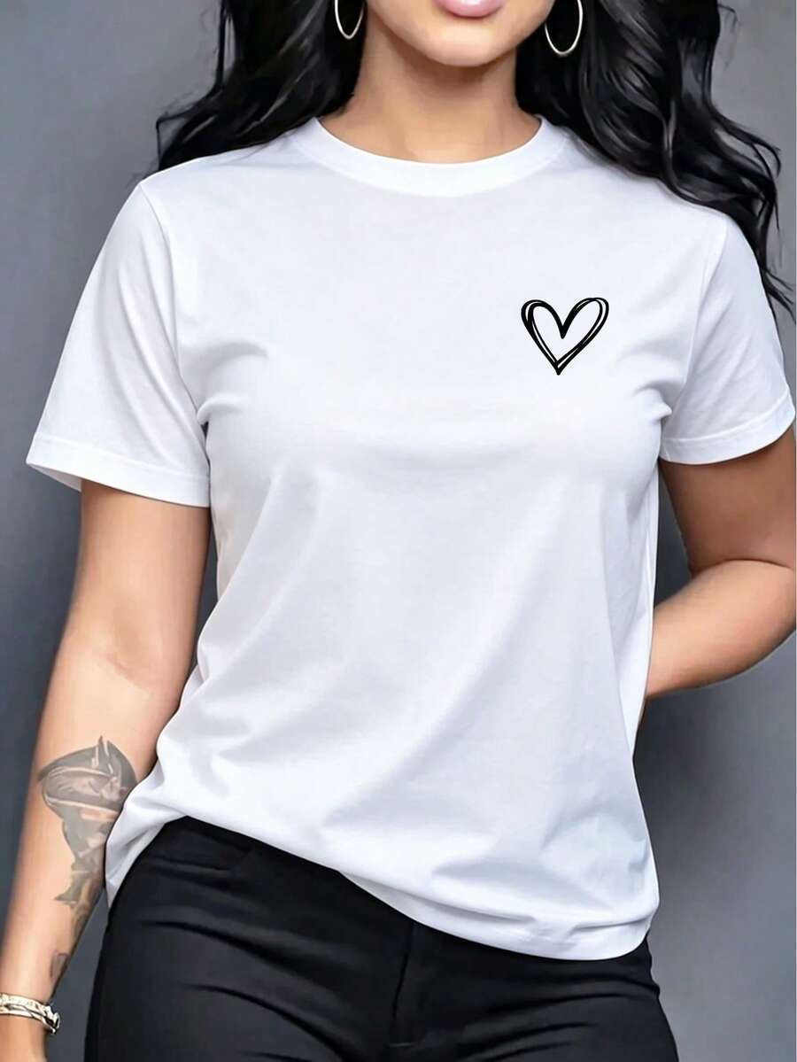 Camiseta informal de mujer con cuello redondo y manga corta con estampado de corazones, versátil para el uso diario. - Blanco - Ver 1