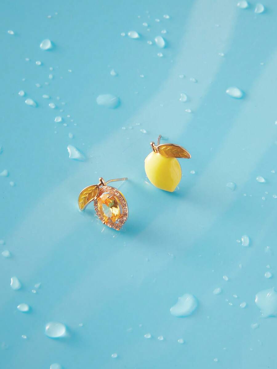 Trivaya 1 Cặp Hoa tai bất đối xứng thiết kế hình quả chanh thủ công với đá Micro Zirconia, phong cách mùa hè độc đáo - Màu vàng - Xem 1
