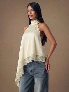 Satin Top With Elegant Lace Patches, Backless, Sexy Halter Neck Sleeveless Blouse For Parties, Cocktails, Formal Occasions, Christmas And Business Casual - 杏 - 查看 3