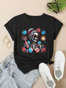Camiseta Casual de Manga Corta para Mujer Estilo Vintage - Diseño de Mujer Esqueleto con Cerveza y Fuegos Artificiales, Cuello Redondo, Top de Verano, Lavable a Máquina, Camisetas para Damas, Ropa Casual, Estilo Moderno, Ajuste Cómodo  
 BlackFashion - Negro - Ver 2