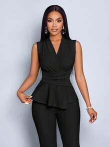 Conjunto de dos piezas liso para mujer: Top sin mangas con cintura fruncida y pantalones de corte ajustado - Sencillo, elegante e ideal para el día a día o reuniones de negocios. - Negro - Ver 5