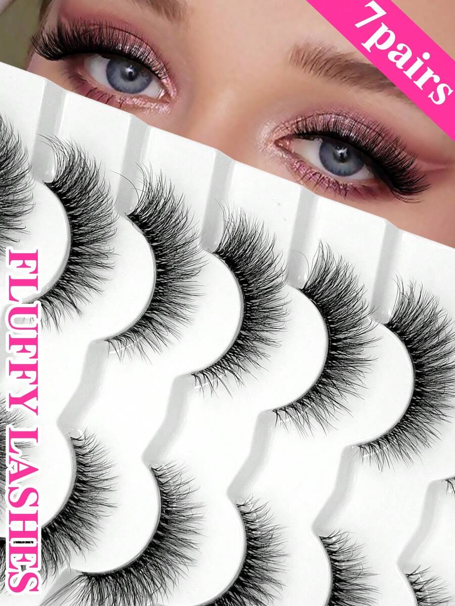 ENCHUW 7 Pairs Eyelashes Natural Look Wispy Cross Eye Lashes Clear Band Lashes 3D Fluffy Soft Lashes Makeup Extension False Eyelashes - Black - View 1