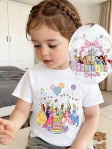 Disney Princess Toddler Girl Birthday Squad T-Shirt, 6 Months - 3 Years Short Sleeve Tee, Soft Fabric Top With Cinderella, Belle, Aurora, Snow White, Ariel & All Princess Characters, Castle & Balloon Print For Kids Birthday Party, Express Delivery - trắng - Xem 1
