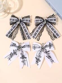 2PCS Sparkling Glitter Music Note Hair Bows For Girls Sweet & Cool Piano Key Lace Bow Hair Clips Black White Keyboard & Musical Note Bow Alligator Clips Elegant Music Theme Bow Hair Barrettes For Party, Concert, Piano Recital & Music Class Teens Hair Accessories - Black and White - View 1