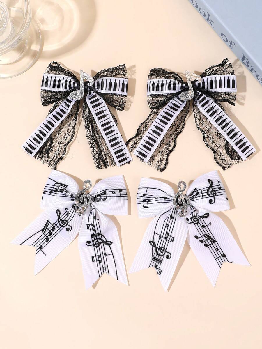 2PCS Sparkling Glitter Music Note Hair Bows For Girls Sweet & Cool Piano Key Lace Bow Hair Clips Black White Keyboard & Musical Note Bow Alligator Clips Elegant Music Theme Bow Hair Barrettes For Party, Concert, Piano Recital & Music Class Teens Hair Accessories - Black and White - View 1