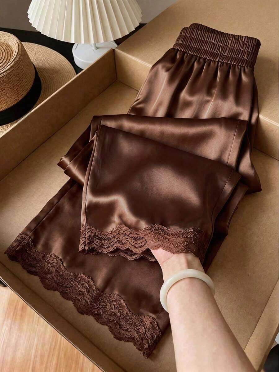 Pantalones rectos sueltos con cintura elástica, estampado de lunares y parches de encaje, adecuados para uso diario.Pantalones de lunares, pantalones con ribete de encaje, pantalones blanco y negro, pantalones de lunares blanco y negro para mujer - Café integral - Ver 1