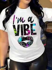 Women's Short Sleeve T-Shirt With "I'm A Vibe" Print - Bold Lettering And Lip Print Design, Soft Blend Short Sleeve Crew Neck T-Shirt, Ideal For Casual And Formal Outfits In All Seasons, Comfortable Everyday T-Shirt, Stylish Ladies' T-Shirts, Summer Top. - 白色 - 查看 6