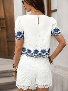 Blusa Corta Bordada Casual para Mujer, Camisas Campestres de Primavera/Verano para Mujer, Ropa de Verano para Vacaciones Campestres - Blanco 2 - Ver 9
