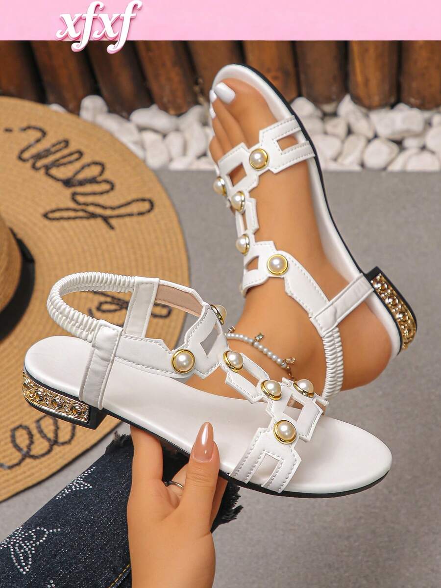 Pearl Decor Strap Teenage High Heel Sandals, Cute Style Suitable For School, Beach, Dining Out And Other Outdoor Occasions
