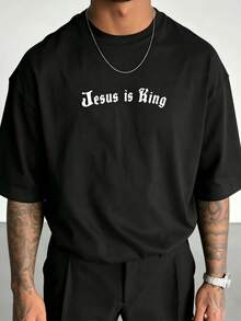 Men's Cotton Graphic Tee, Oversized "Jesus Is King" Gothic Letter Print Short Sleeve T-Shirt, Crew Neck Loose Streetwear Top, Soft Breathable Fabric, Religious Crown Slogan Graphic Design, Y2K Style, Casual Daily Wear, All-Match Basic Tee For Outdoor Street And Summer Casual Wear For Young Men - màu đen - Xem 2