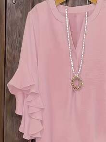 Comfortable Linen Retro Solid Color Blouse, Half-Open Collar Loose Flattering Layered Ruffle Sleeve Women Shirt Pink - Pink - View 4