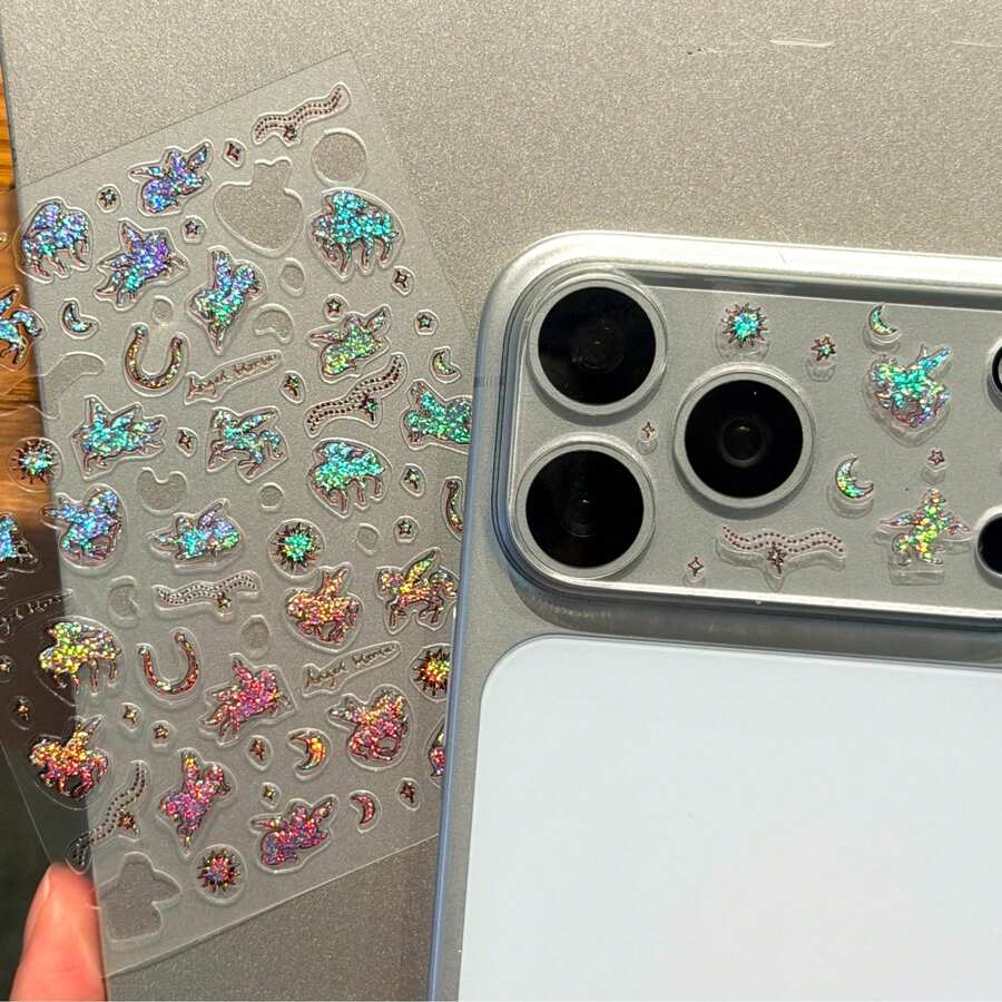 Unicorn Pattern DIY Sticker Lens Protector Film, Compatible With Apple 17 Pro Max/17 Pro Lens Protector, Compatible With Apple 17 Pro Transparent Full Coverage Protective Case With Metal Tempered Glass Rear Camera Screen Protector - Unicorn DIY Stickers + Lens Protector - View 1