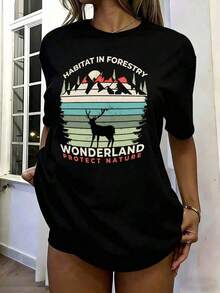 Proteger Naturaleza Hábitat En Silvicultura País de las Maravillas Retro Montaña Ciervo Gráfico De gran tamaño Camiseta para Mujeres, Vintage Senderismo Acampada Al aire libre Imprimir Suelto Ajuste Corto Manga Tripulación Cuello Superior, Años 90 Estética Informal Algodón Tee, Plus Tamaño Diario Desgaste, Mexicano Mujeres Moda Ropa Ropa fresca de verano - Negro - Ver 6
