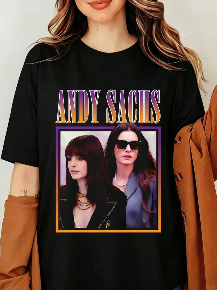 Andy Sachs Annes Hathaways Graphic T-Shirt The Devil Wears Pradas Movie Vintage 90s Bootleg Print Black Oversized Cotton Tee Men Women Streetwear Top, Annes Hathaways As Andy Sachs In Retro Vintage Rap T-Shirt - Black - View 1